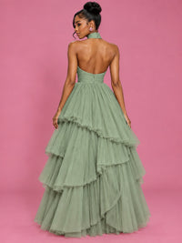 Hot Pink Tulle Halter Neck Tiered Ruffle Maxi Dress