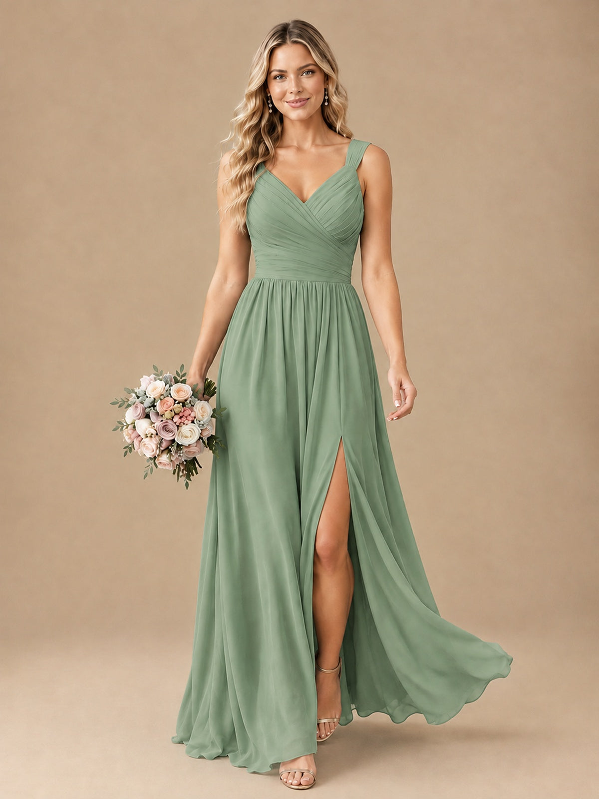 Pleated Chiffon V Neck Wedding Bridesmaid Dresses Floor Length with Slit