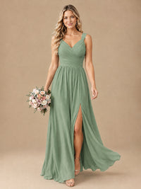 Pleated Chiffon V Neck Wedding Bridesmaid Dresses Floor Length with Slit