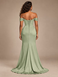 Burgundy Off-the-Shoulder Satin Corset Prom Dress with Slit