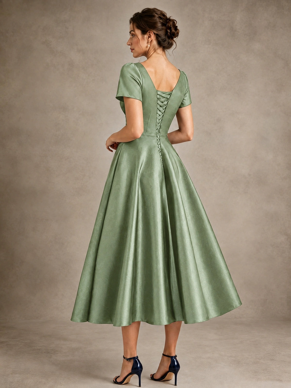V-Neck Tea-Length Satin Mother of the Bride Dress with Bow