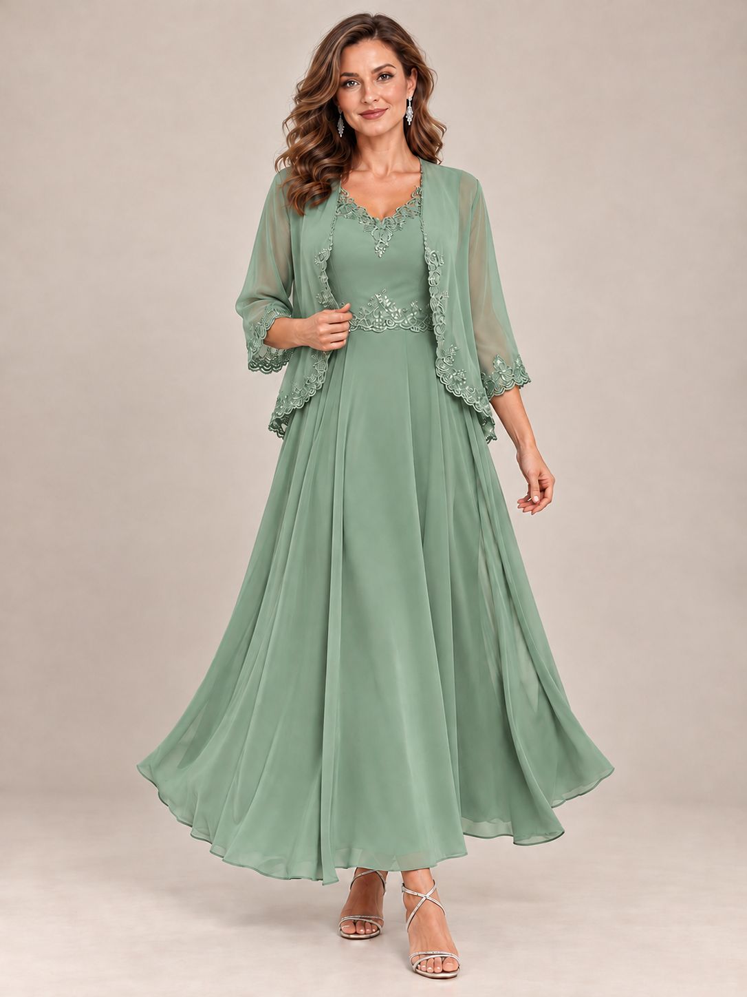 Dusty Blue Floral Lace Chiffon Mother of the Bride Dress with Jacket