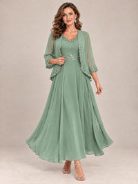 Dusty Blue Floral Lace Chiffon Mother of the Bride Dress with Jacket
