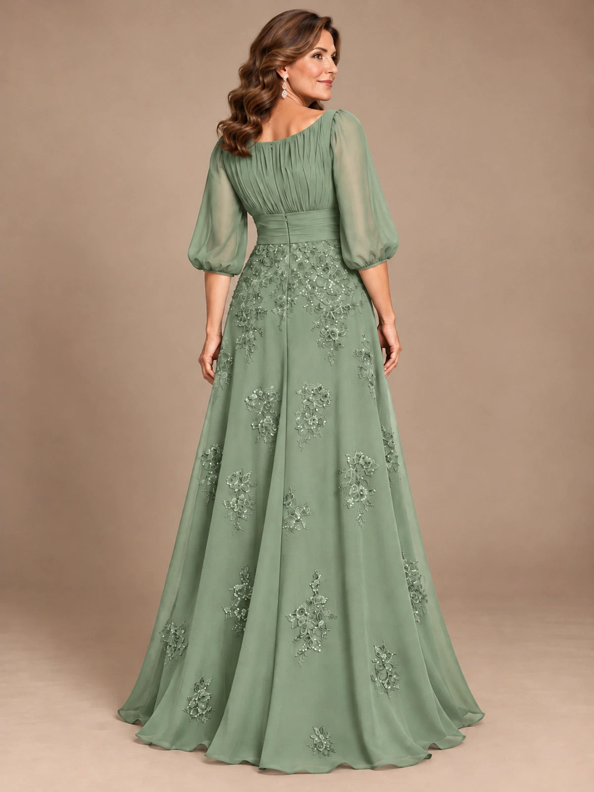 A-Line Mother of the Bride Dress with Sheer Puff Sleeves