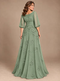 A-Line Mother of the Bride Dress with Sheer Puff Sleeves