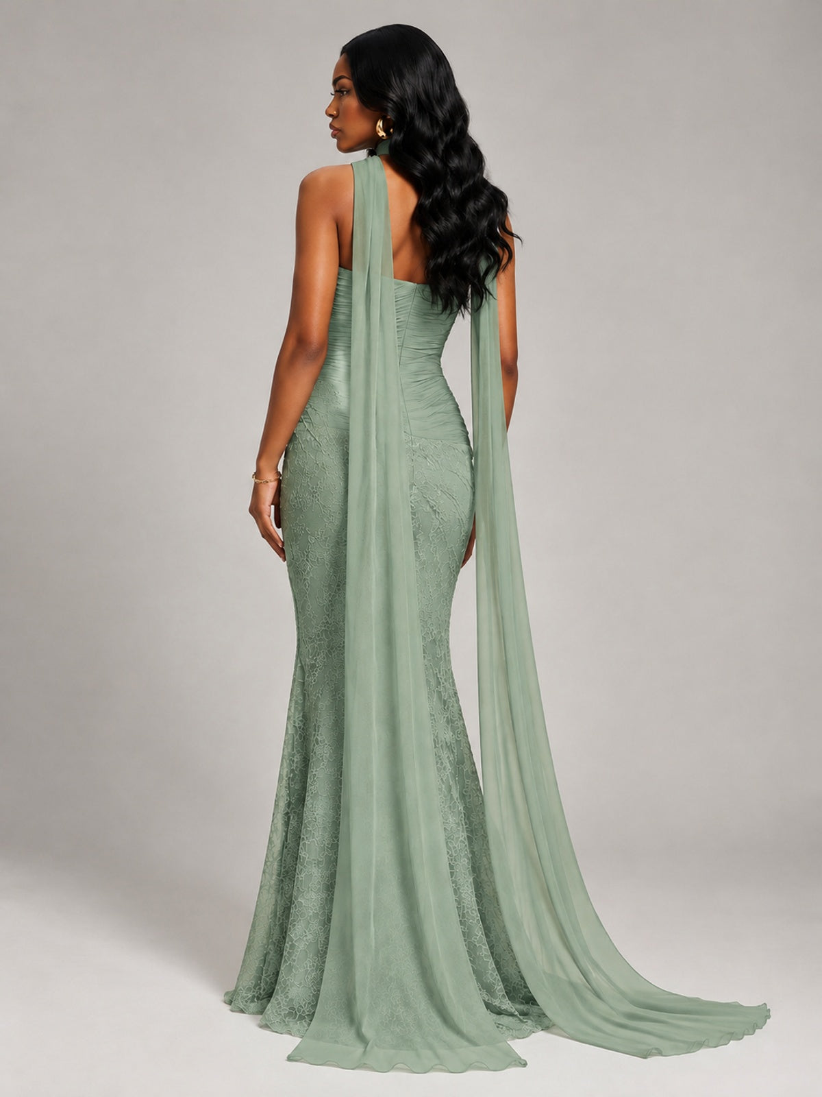 Pleated Chiffon Lace Prom Dresses Long Bodycon Mermaid with Scarf