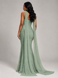 Pleated Chiffon Lace Prom Dresses Long Bodycon Mermaid with Scarf