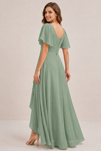Dusty Blue Chiffon Bridesmaid Dress with Flutter Sleeves & High-Low Hem