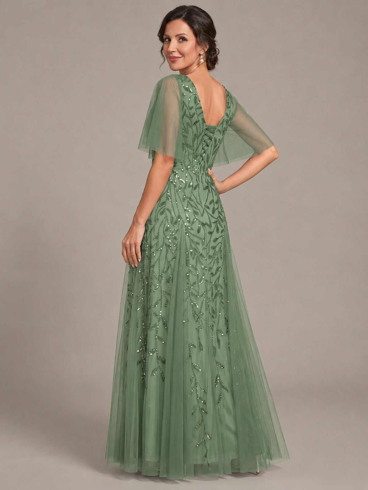 V-Neck Sequin Tulle Mother of the Bride Dress with Flutter Sleeve
