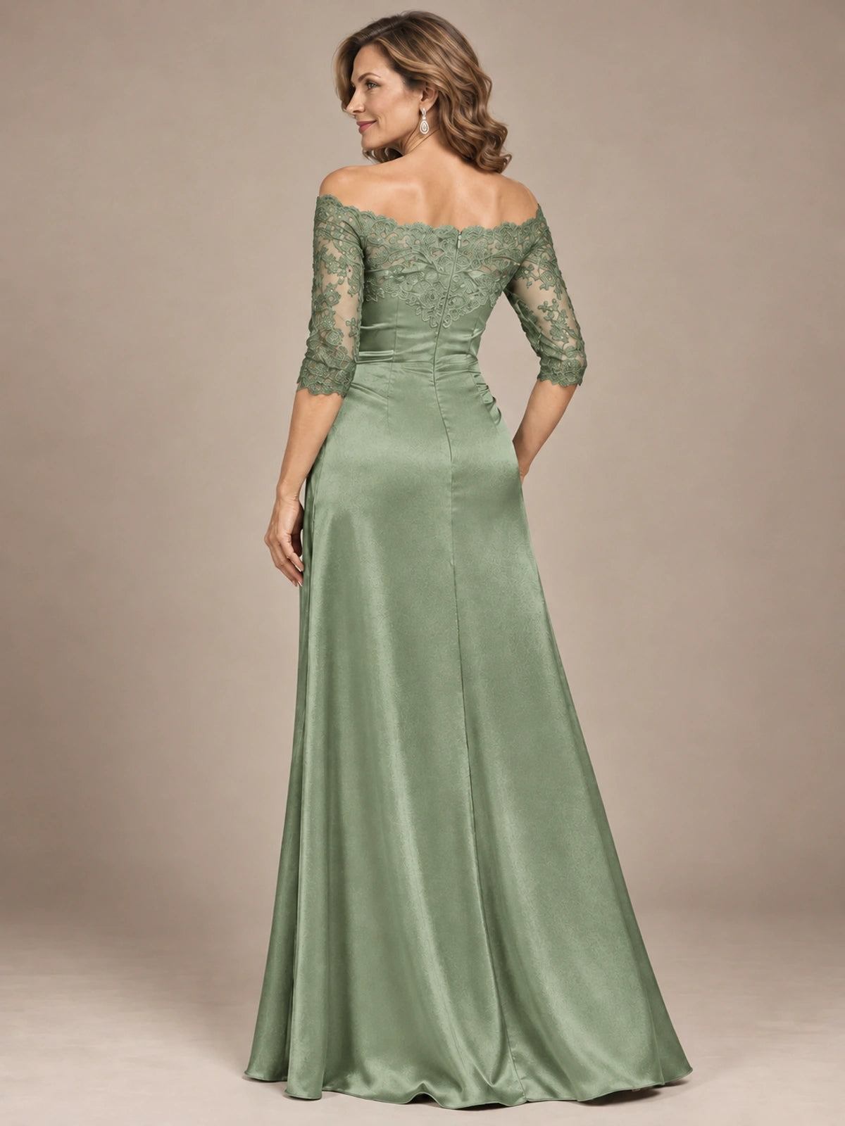 Satin Mother of the Bride Dress with Lace Sleeves Off Shoulder Formal Gown