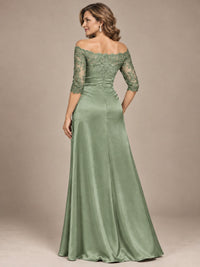 Satin Mother of the Bride Dress with Lace Sleeves Off Shoulder Formal Gown