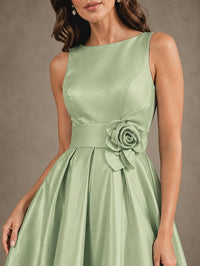 Tea-Length Satin Mother of the Bride Dress with 3D Flower Detail