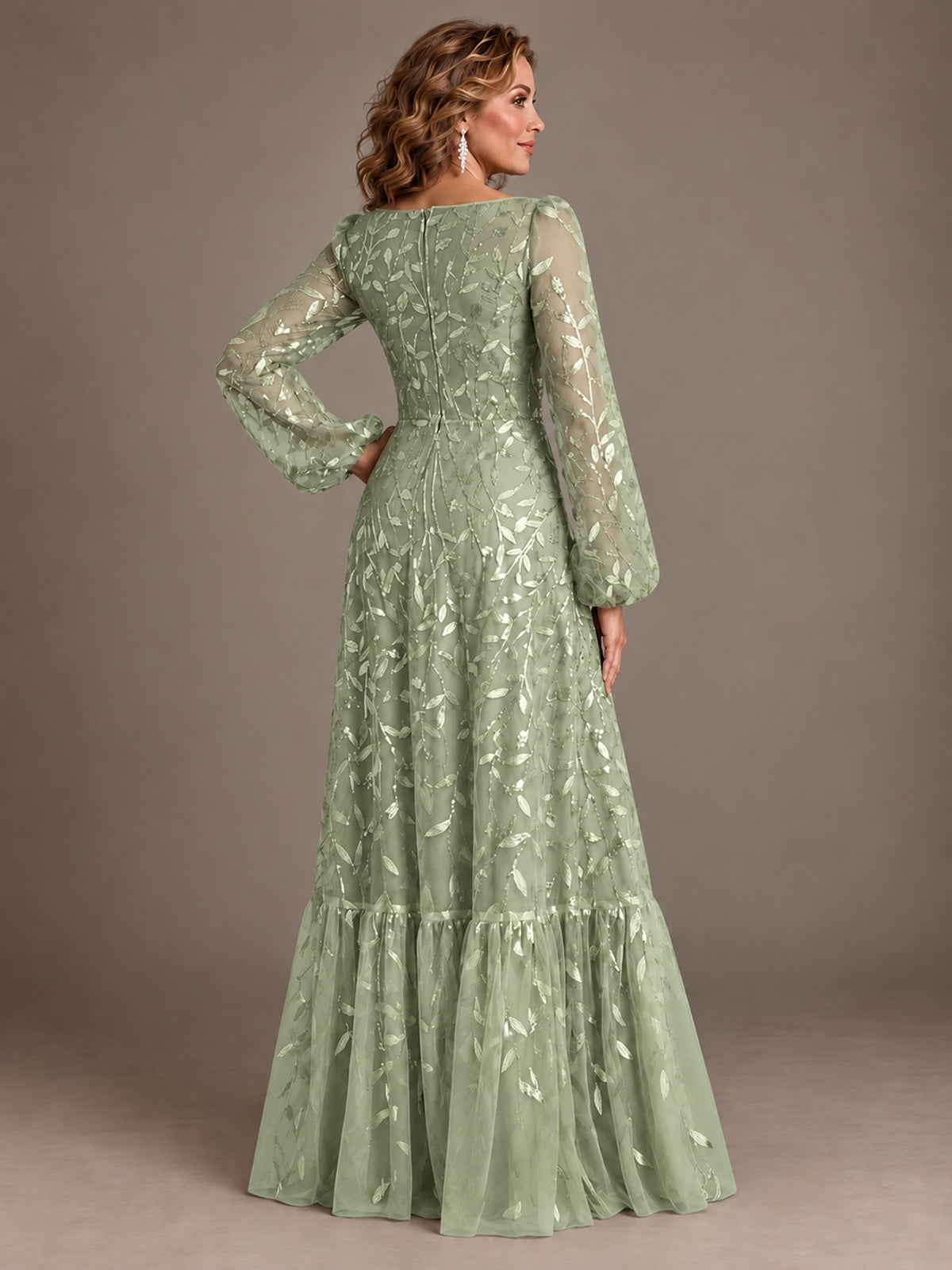 Floral Sequin Embroidered A-Line Mother of the Bride Dress with Long Sleeves