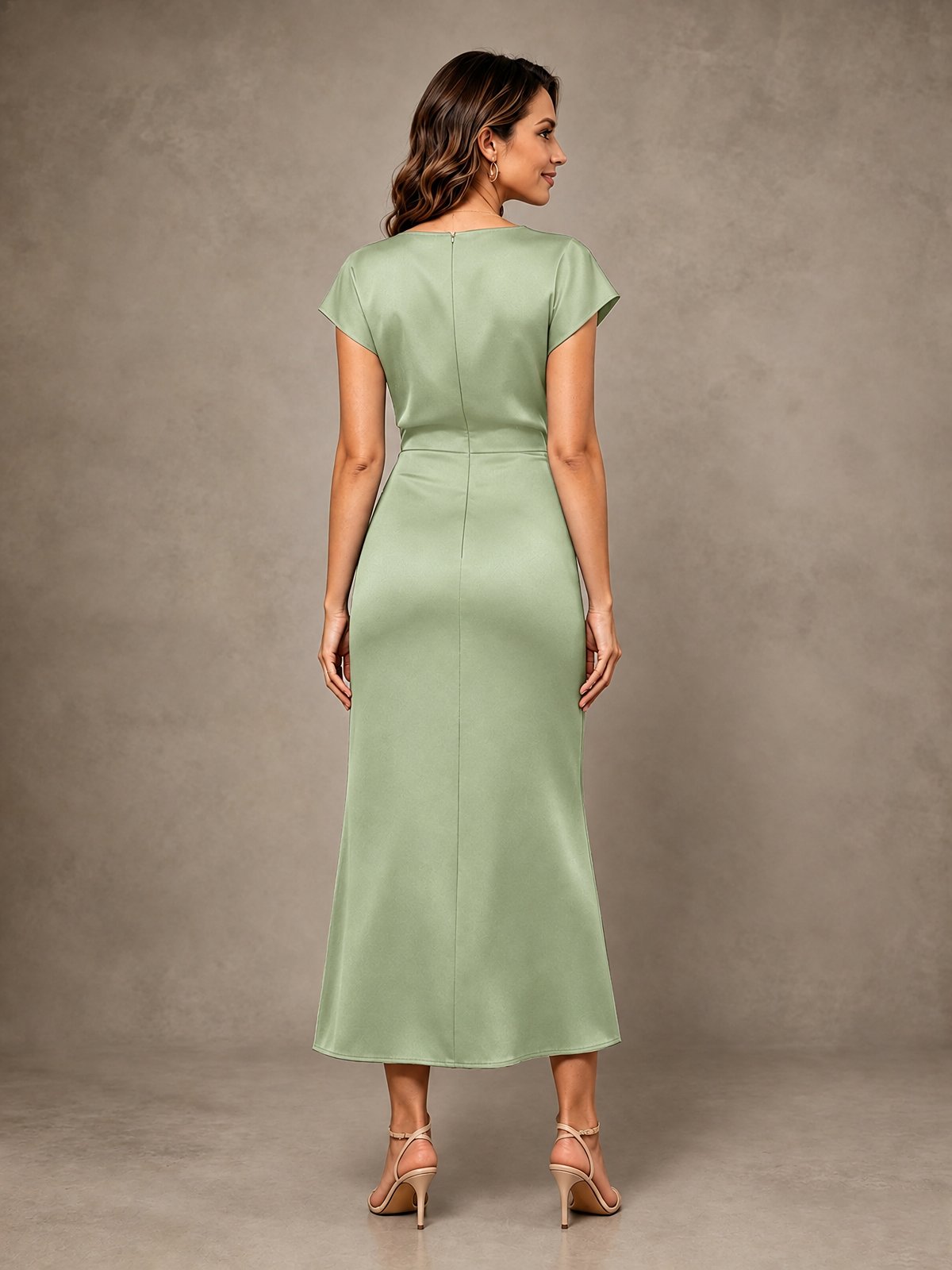 Cowl Neck Satin Mother of the Bride Dress with Ruched Waist