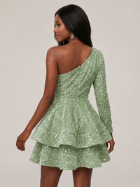 Puffy One Shoulder Sequin Tiered Mini Dress