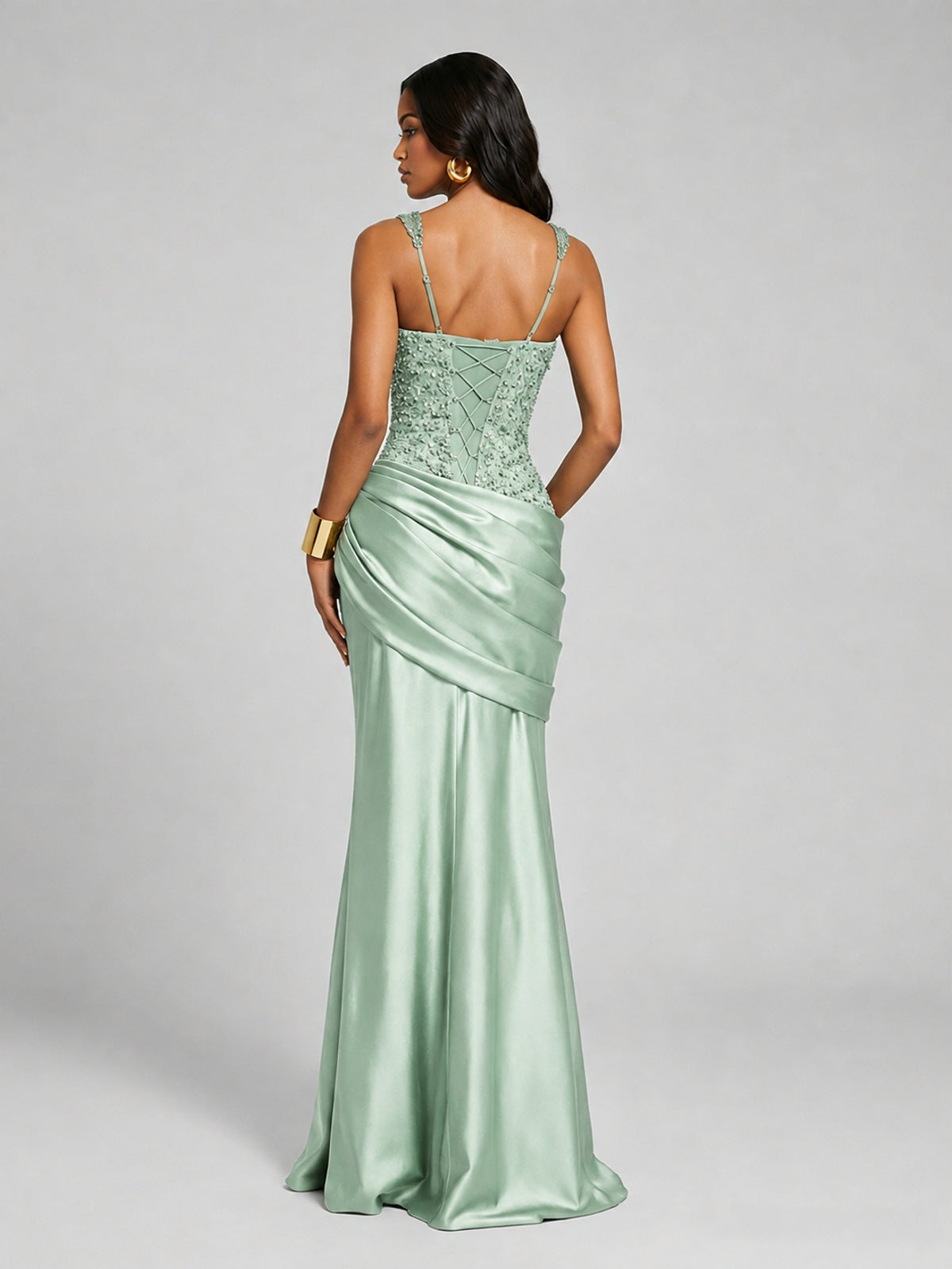 Scoop Neck Sequin Prom Dress with High Slit Satin Formal Gowns