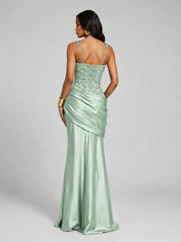 Scoop Neck Sequin Prom Dress with High Slit Satin Formal Gowns