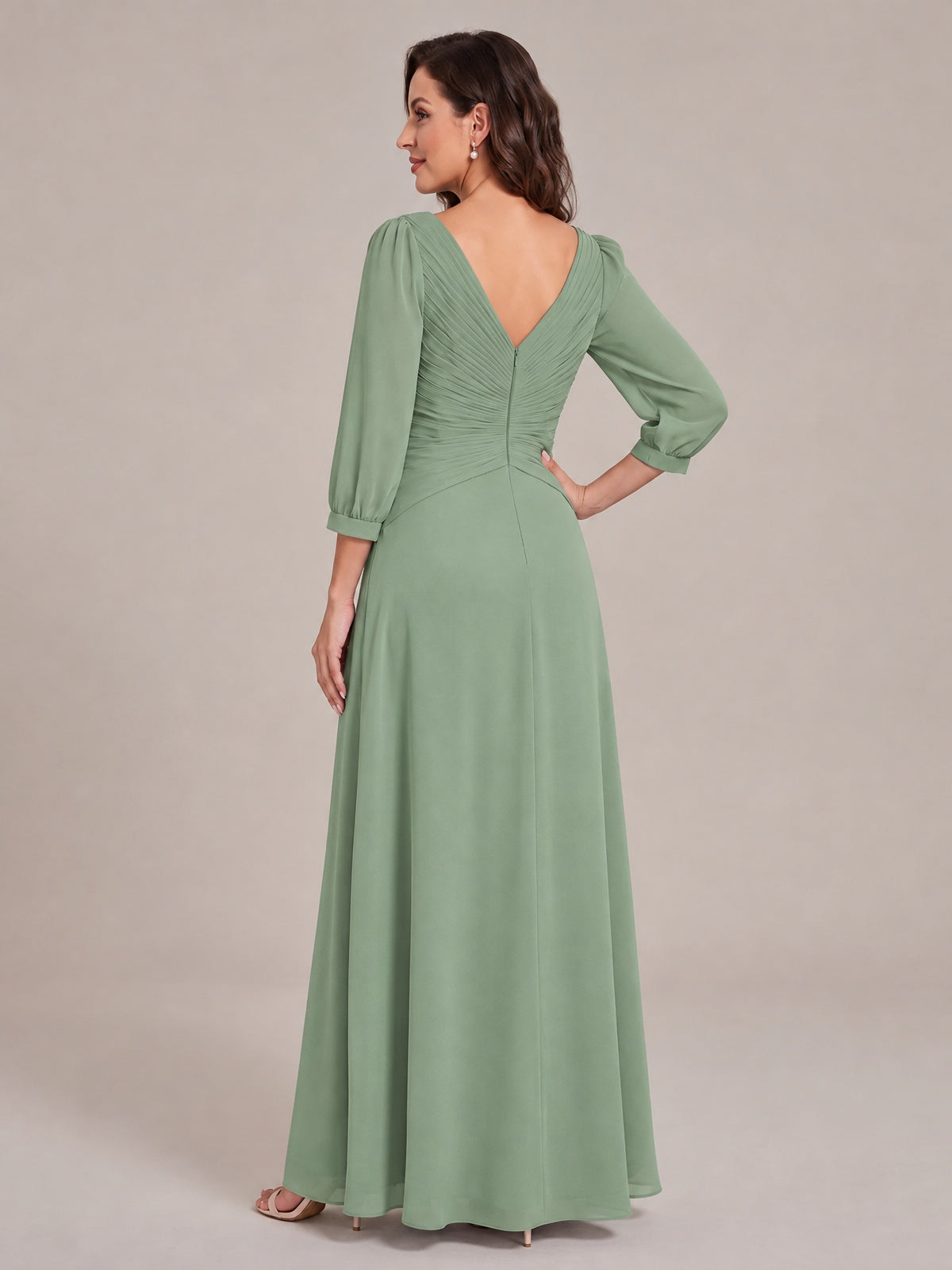 V-Neck Pleated Chiffon Mother of the Bride Dress with Flutter Sleeves