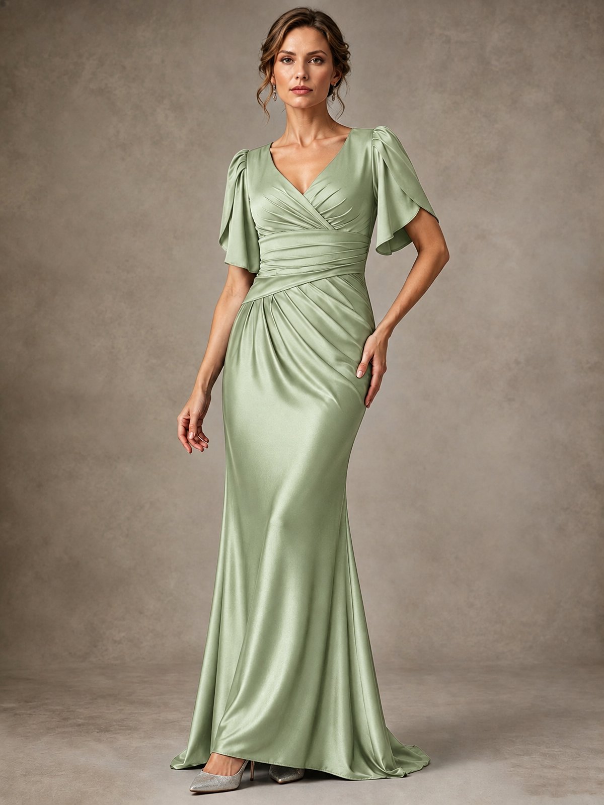 V-Neck Satin Mother of the Bride Dress with Flutter Sleeves