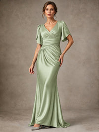 V-Neck Satin Mother of the Bride Dress with Flutter Sleeves