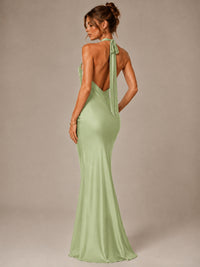 Olive Green Halter Satin Mermaid Maxi Dress
