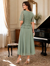 Tea-Length Chiffon Mother of the Bride Dress with Sequin Lace Sleeves