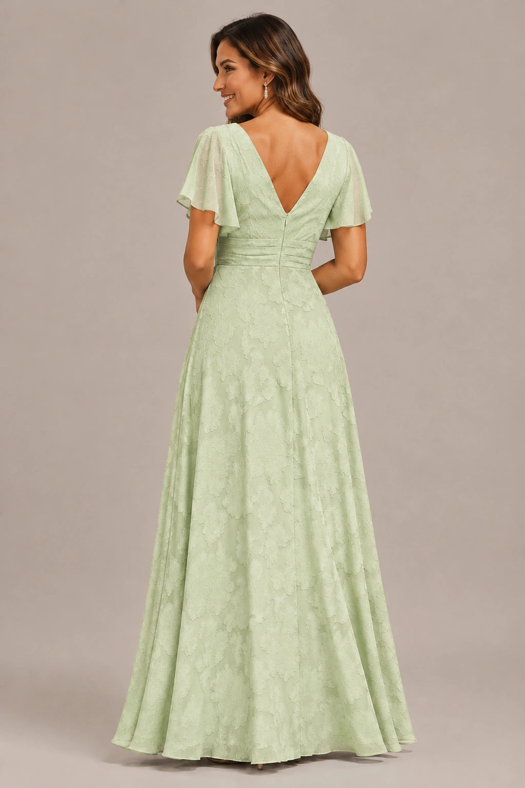 Jovellee Floral Chiffon A-Line Mother of the Bride Dress with Flutter Sleeves