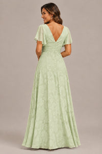 Jovellee Floral Chiffon A-Line Mother of the Bride Dress with Flutter Sleeves