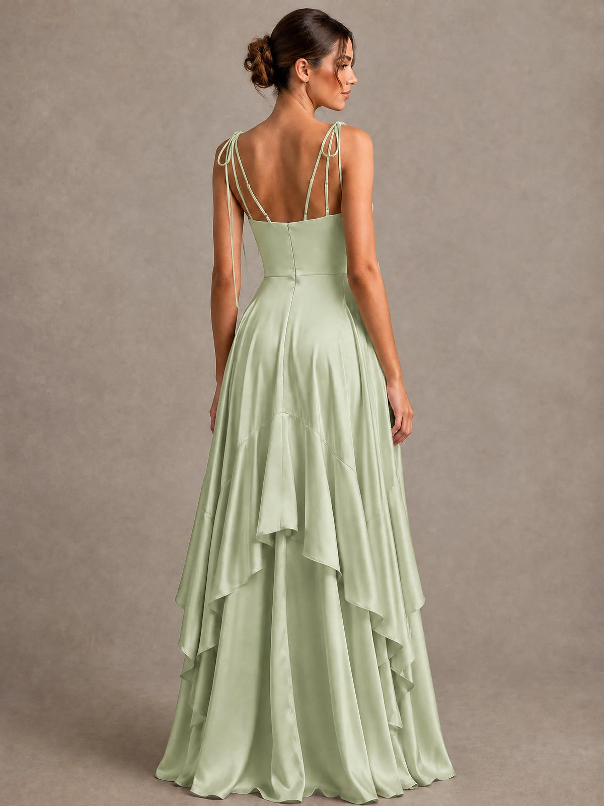 Lavender Satin V-Neck Ruffle Maxi Dress
