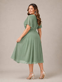 Navy Blue A-Line V-Neck Tea-Length Mother of the Bride Dress