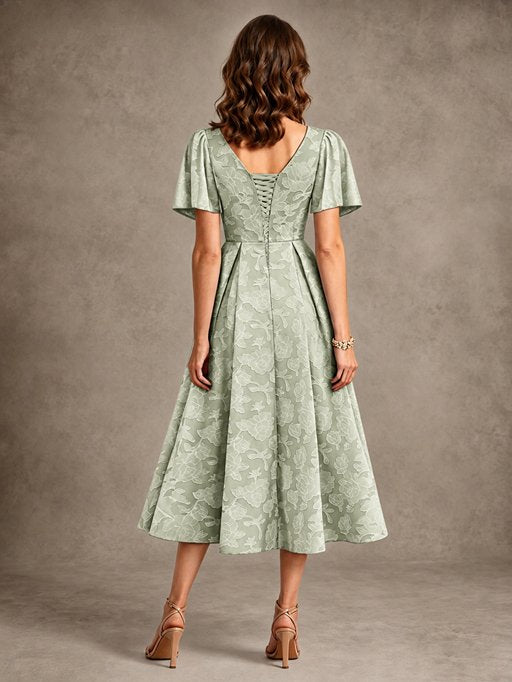 V-Neck Floral Jacquard Tea-Length Mother of the Bride Dress