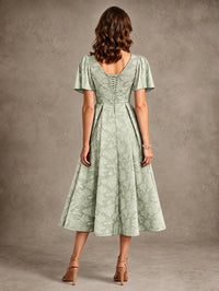 V-Neck Floral Jacquard Tea-Length Mother of the Bride Dress