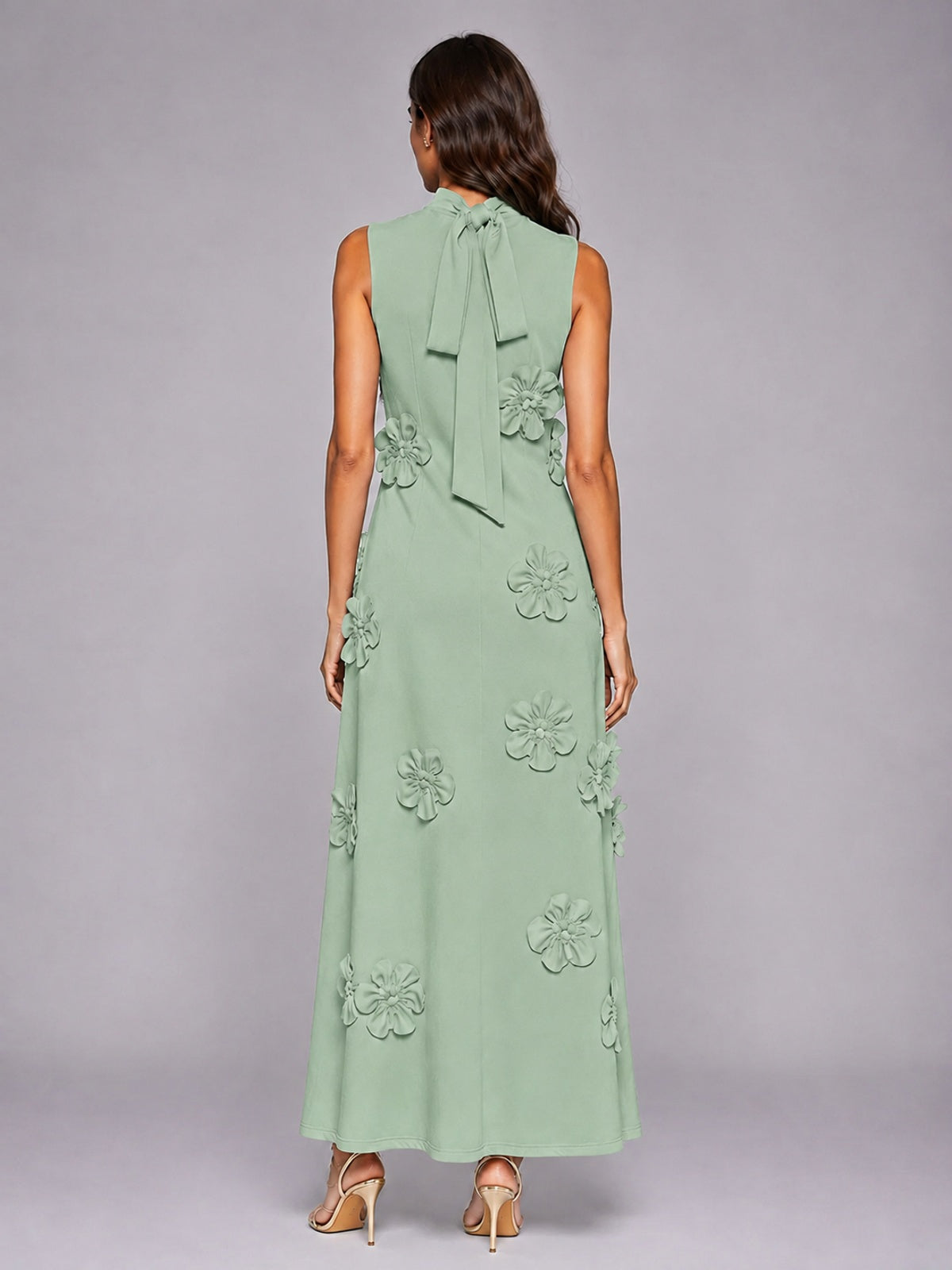 3D Floral Applique High Neck Prom Maxi Dress