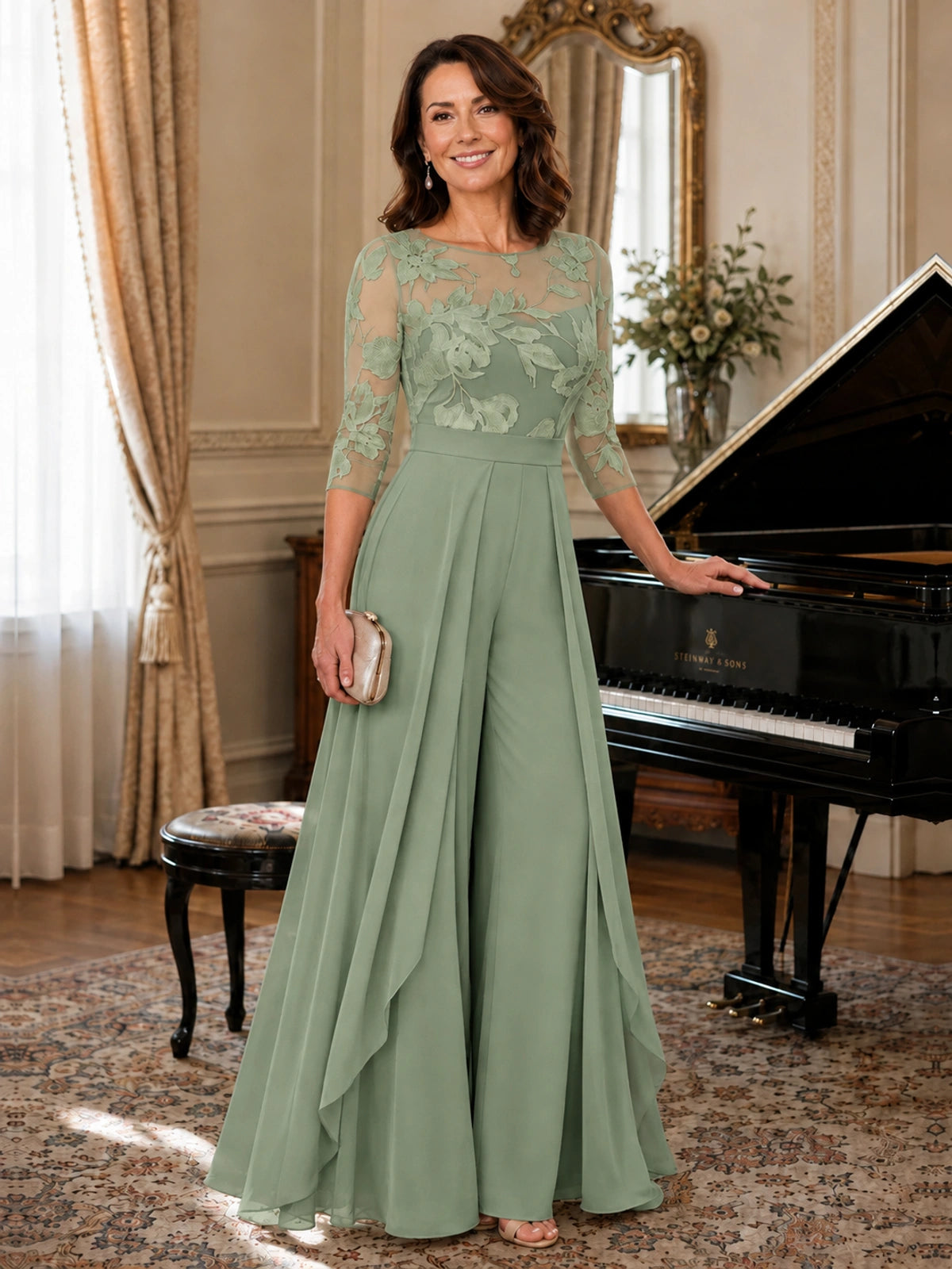 Lace Applique Wide-Leg Chiffon Mother of the Bride Jumpsuit