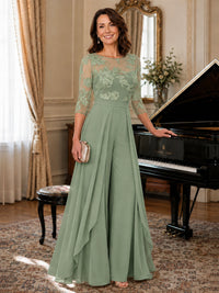 Lace Applique Wide-Leg Chiffon Mother of the Bride Jumpsuit