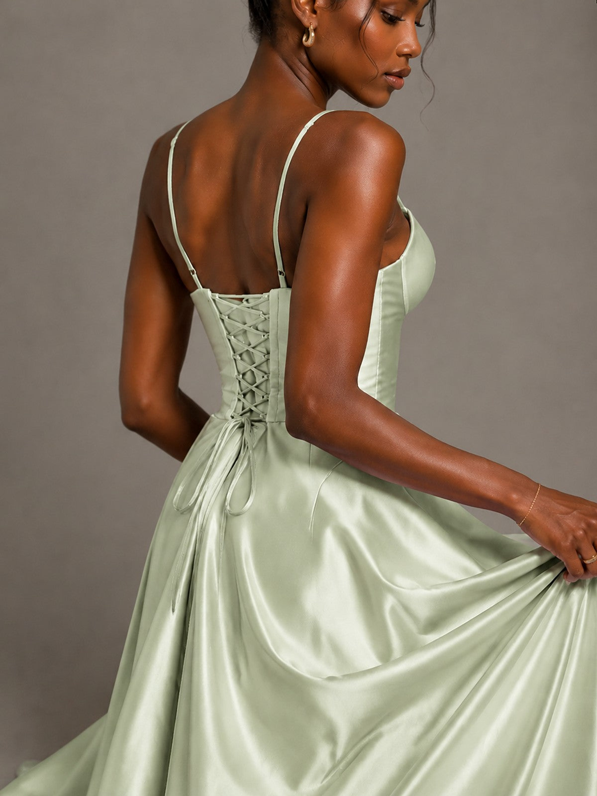 Lavender V Neck Satin Prom Dress with Spaghetti Straps