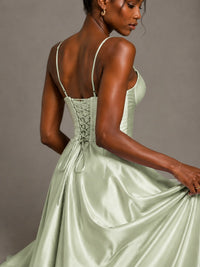 Lavender V Neck Satin Prom Dress with Spaghetti Straps