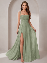 Sparkly Cowl Neck Corset Long Prom Dress with Slit A-line Tulle Ball Gown