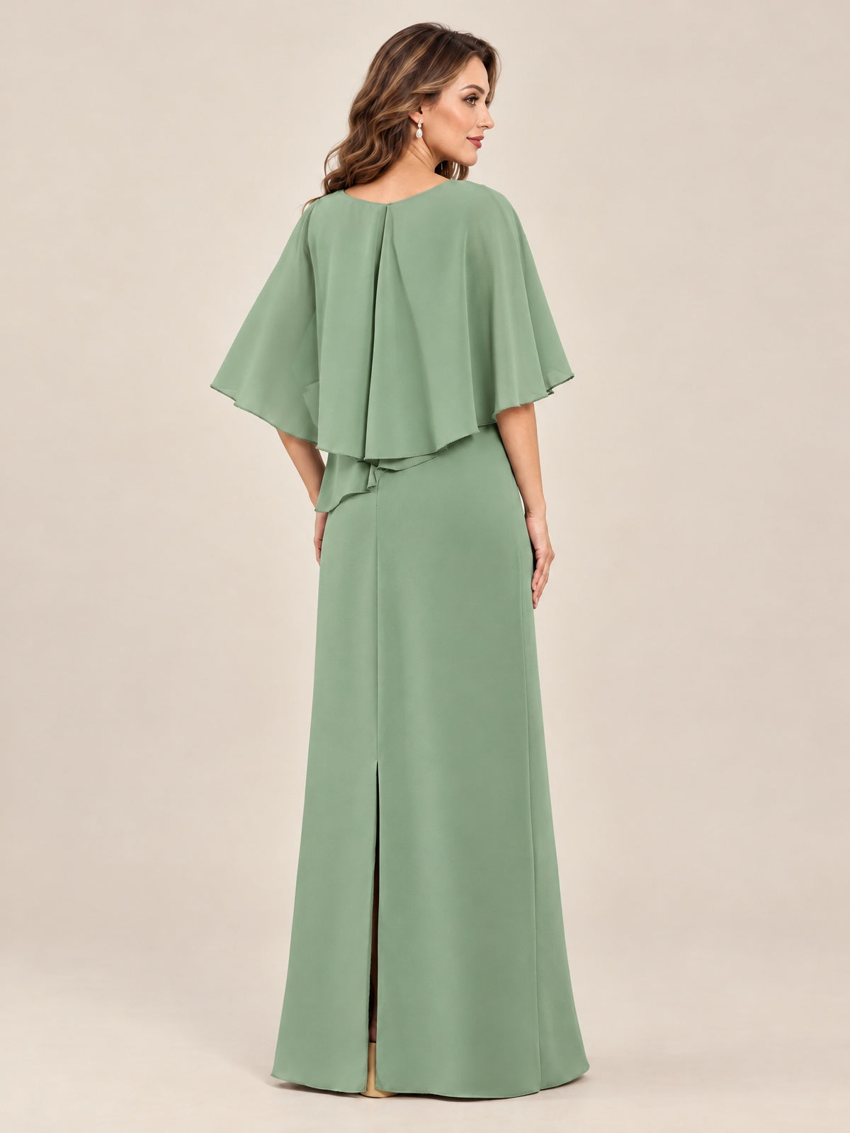 Cape Sleeve Mother of the Bride Dress with Asymmetrical Overlay