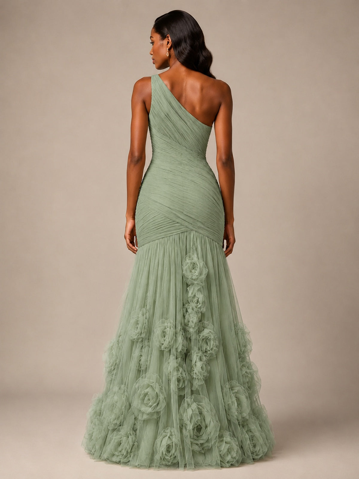 Blush Pink One Shoulder 3D Floral Mermaid Prom Dress
