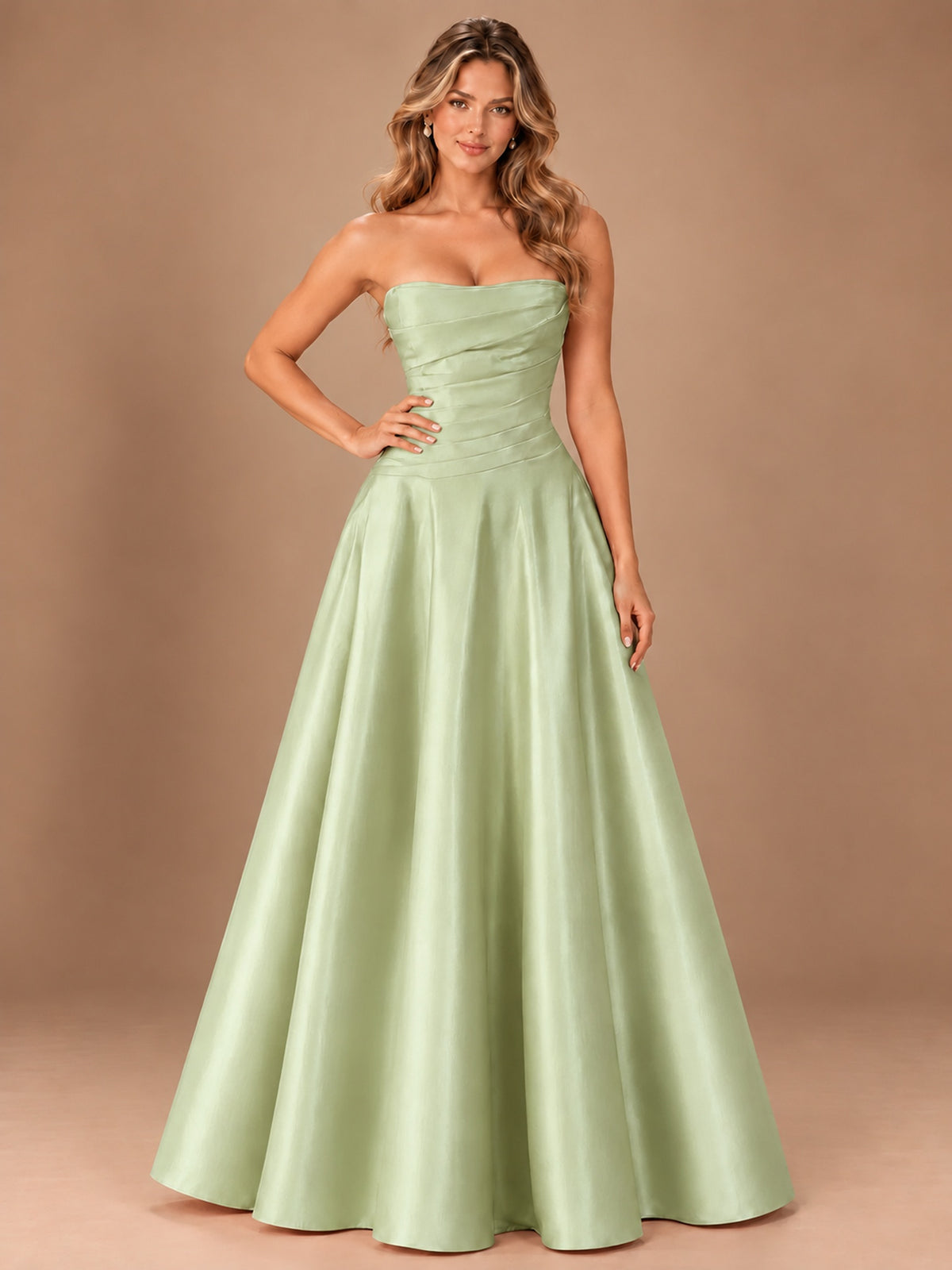 Blush Pink Strapless Satin A-Line Prom Dress with Ruched Bodice