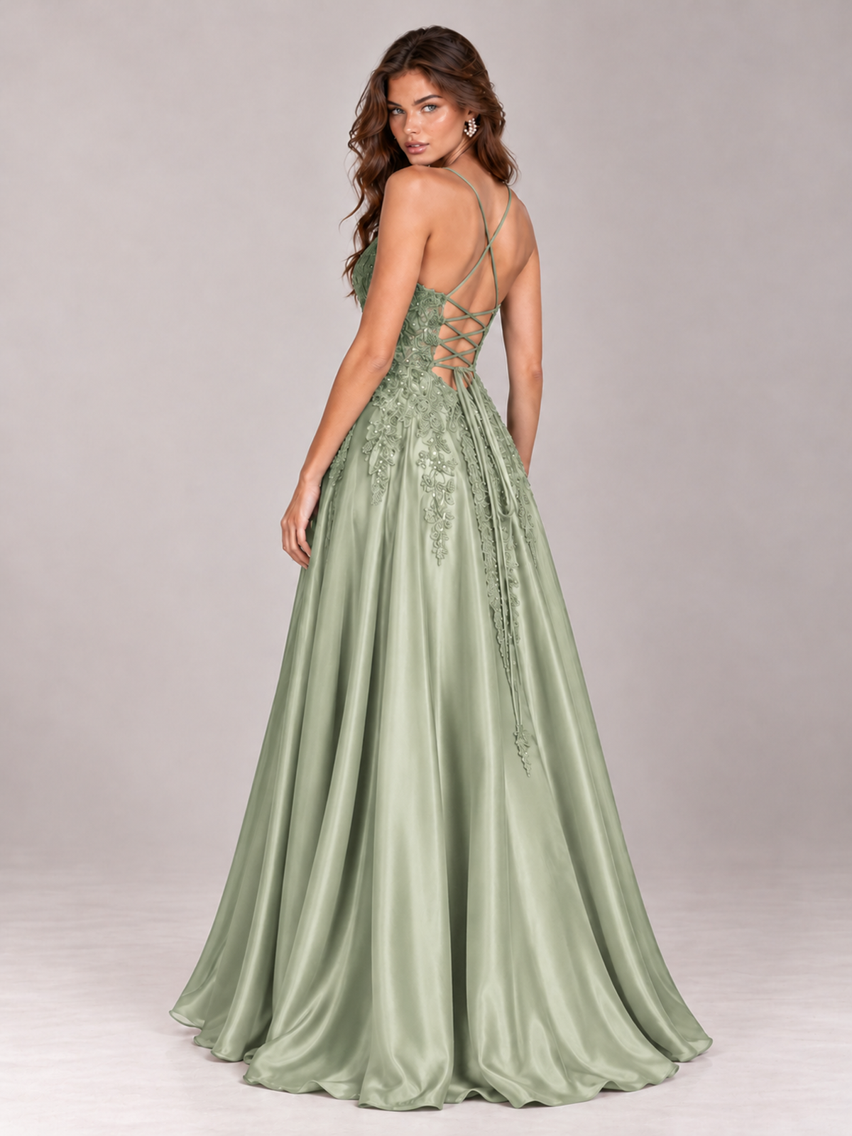 Lace Applique Satin A-Line Prom Dress with Sheer Bodice
