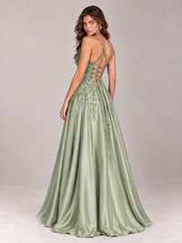 Lace Applique Satin A-Line Prom Dress with Sheer Bodice