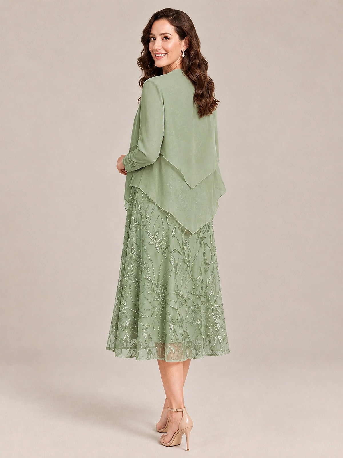 Tea Length Sequin Lace Mother of the Bride Dress with Chiffon Jacket