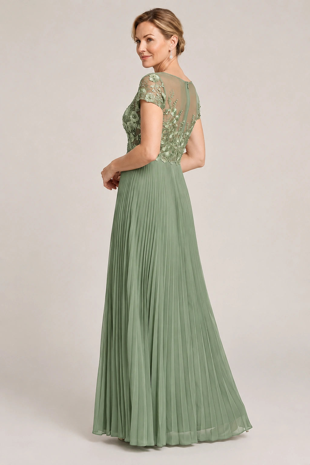 Embroidered Lace Pleated Mother of the Bride Dress