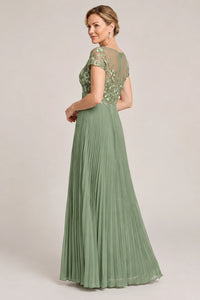 Embroidered Lace Pleated Mother of the Bride Dress
