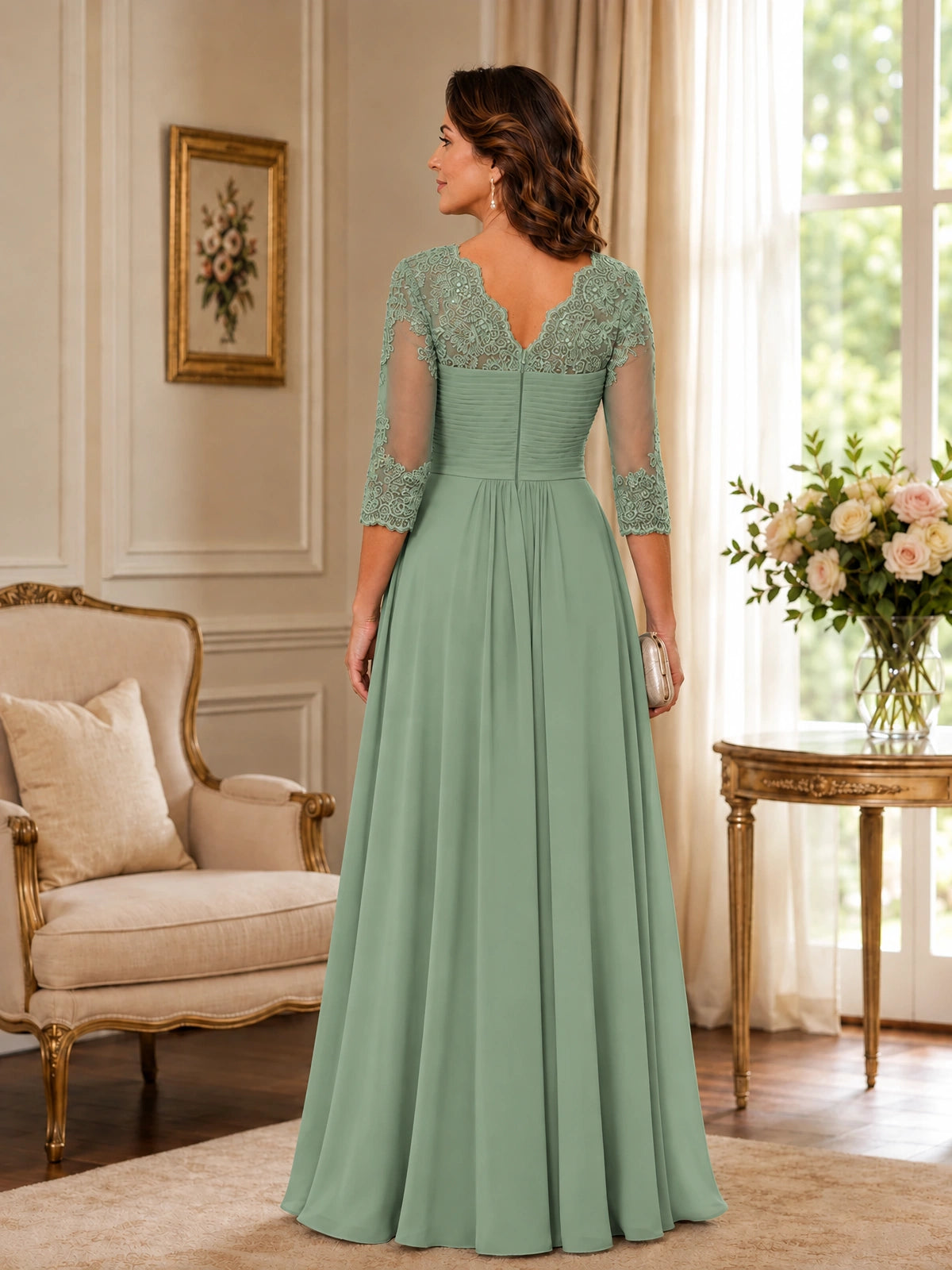 Chiffon Lace Applique Mother of the Bride Dress with 3/4 Sleeves