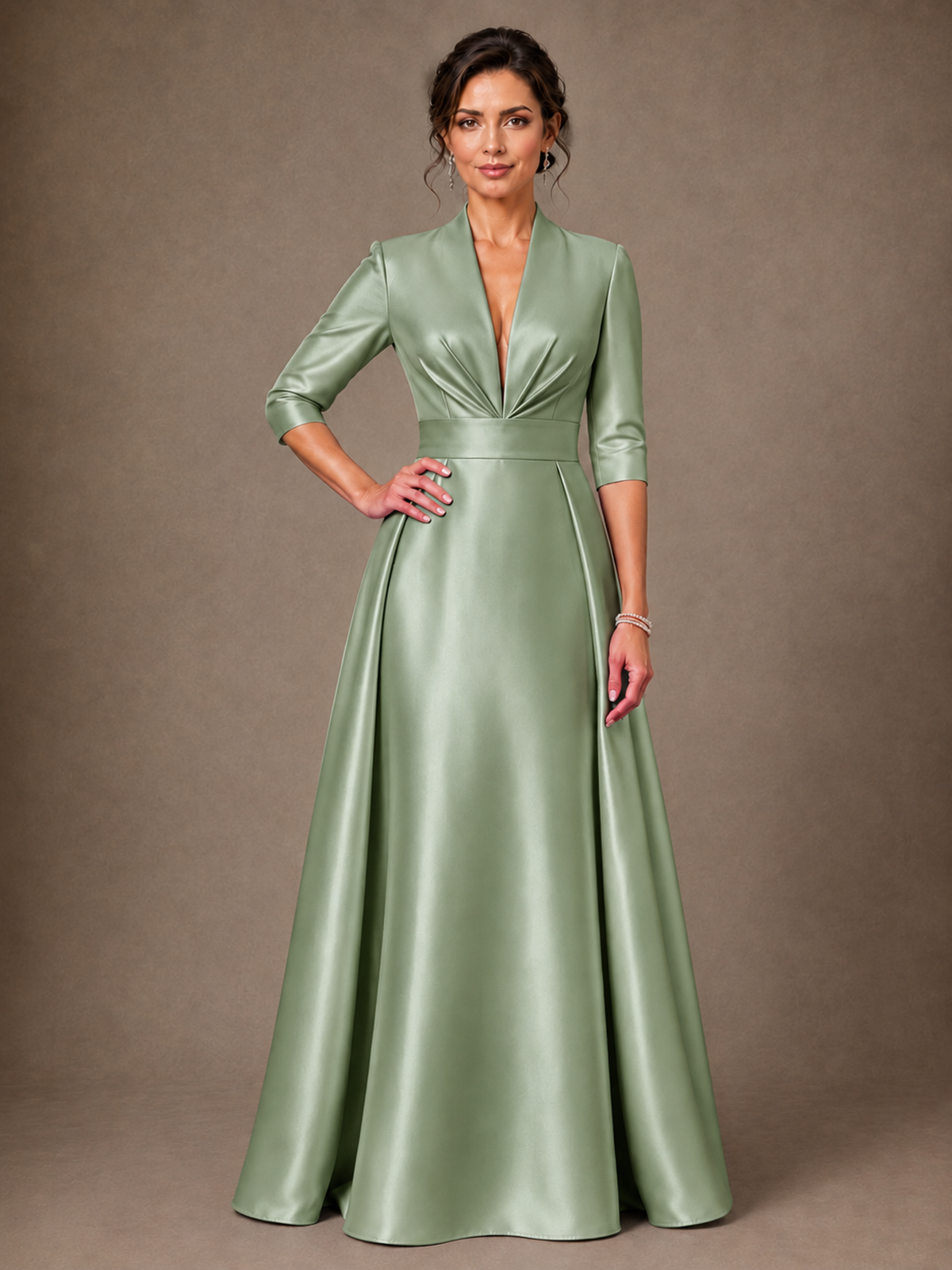 V-Neck Pleated Satin Mother of the Bride Gown with 3/4 Sleeves
