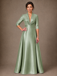 V-Neck Pleated Satin Mother of the Bride Gown with 3/4 Sleeves