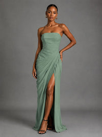 Strapless Bodycon Pleated Chiffon Formal Dress with Slit